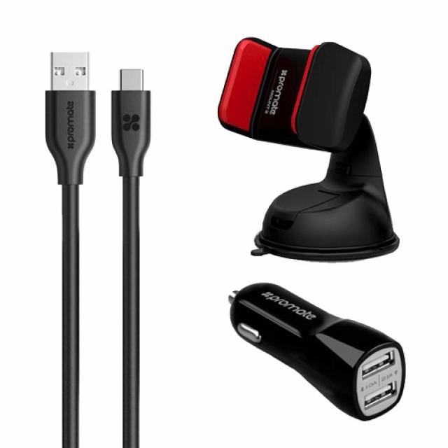 Kablovi, adapteri i punjači - PROMATE Autokit autopunjač 2 x USB tip A + autodržač + USB kabl tip A na tip C - GPS00716 Auto držač za mobilni telefon, Crna - Avalon ltd