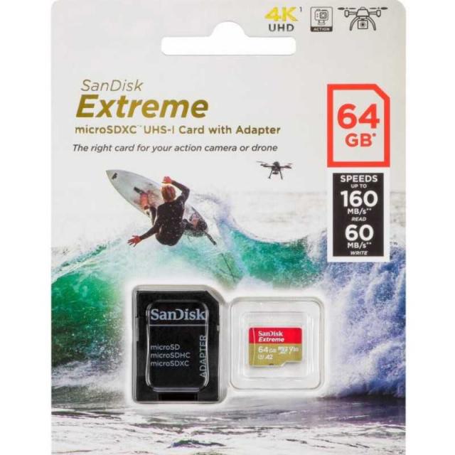 USB memorije i Memorijske kartice - SanDisk Extreme MicroSDXC Card 64GB + Adapter, C10, U3, A2, V30, Read/Write(MB/s): 160/60 - Avalon ltd